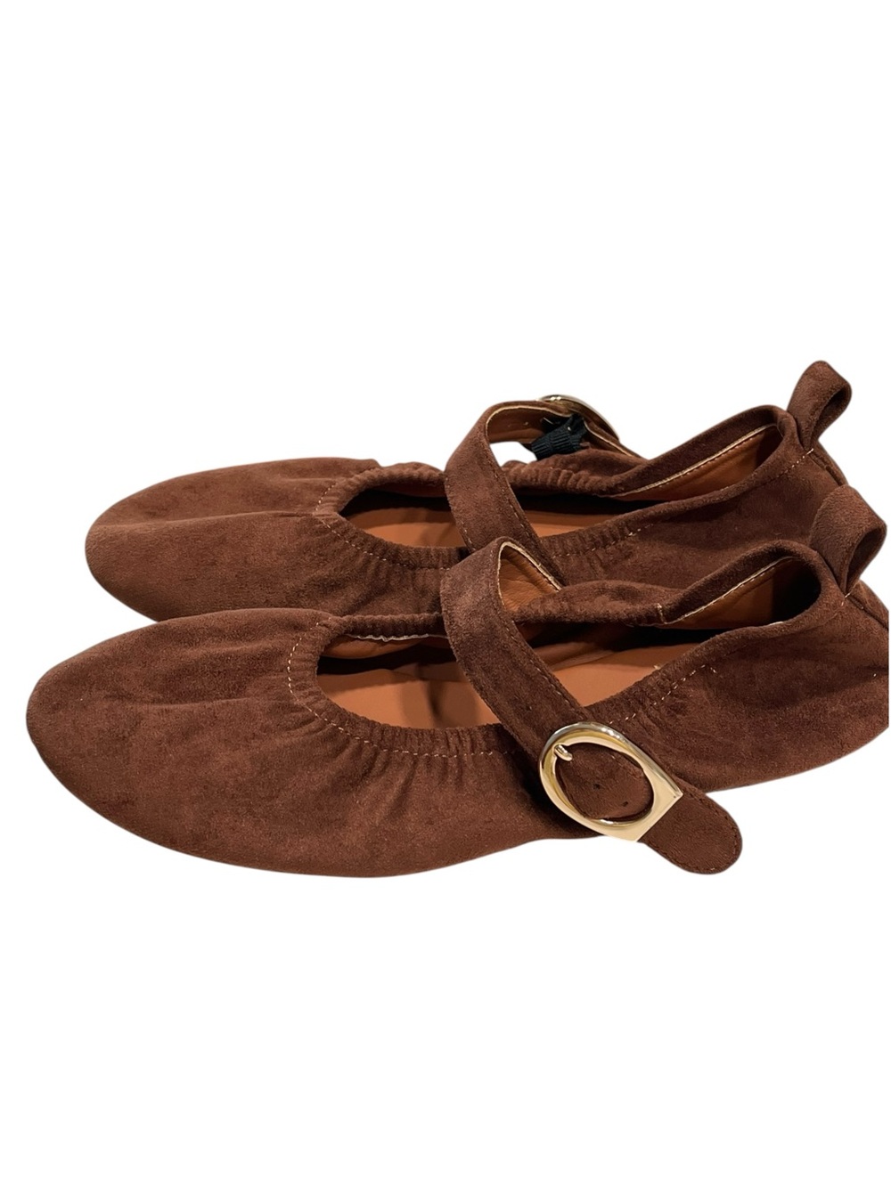 NWOT Faux Brown Suede Leather Ballet Flats w/Strap - Gold toned buckle - Size 8
